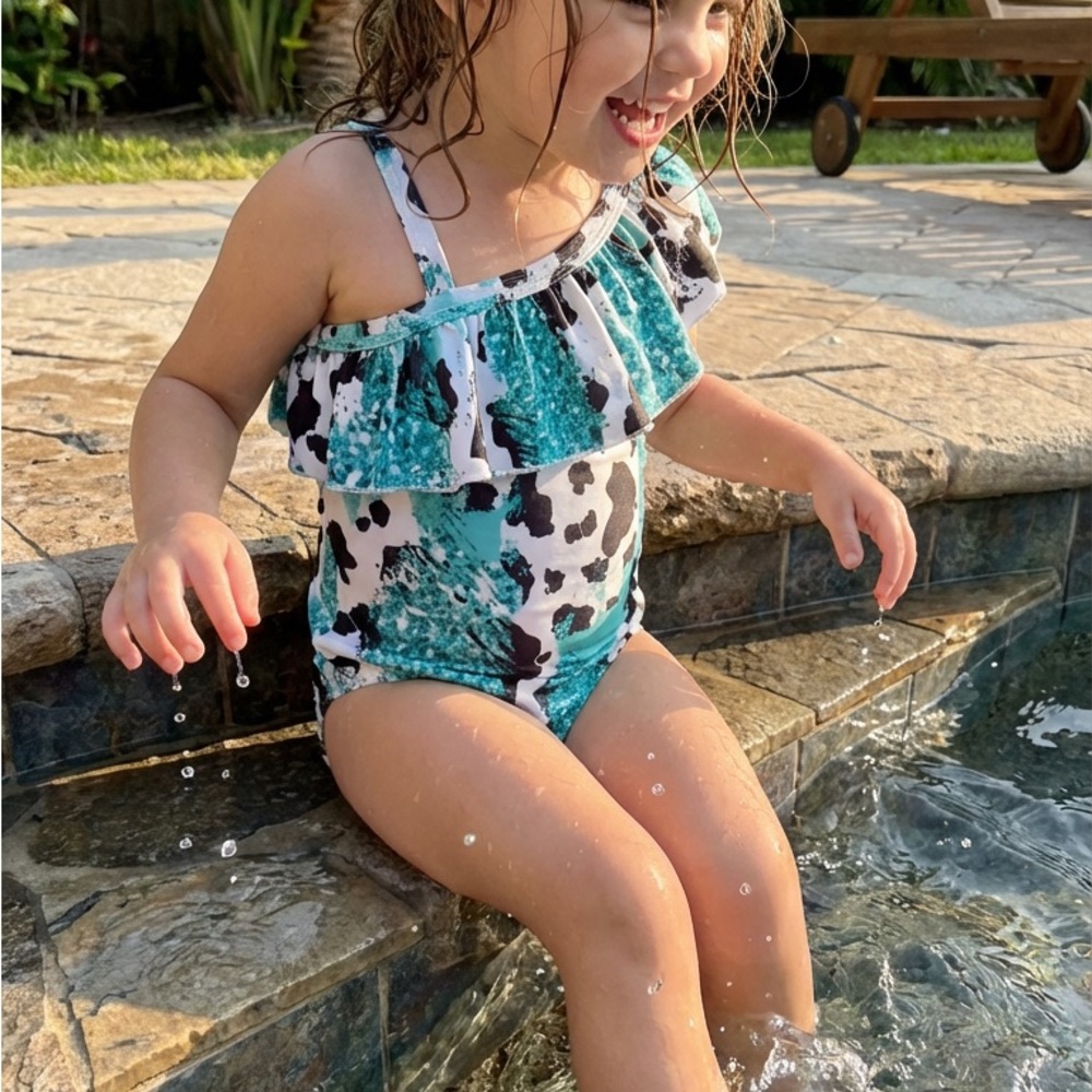 Cow Print One Shoulder Swimsuit Girls 4T Western Ruffle Aqua One Piece